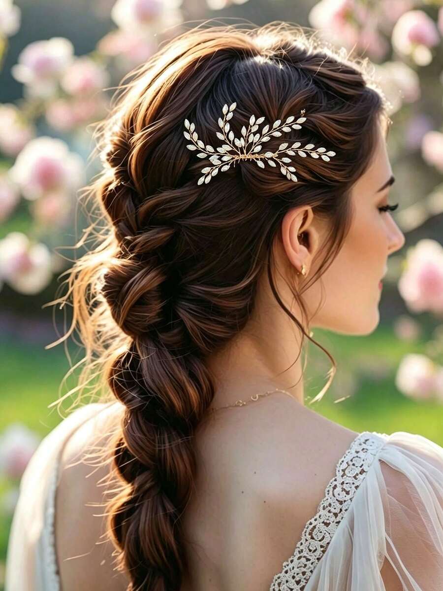 1pc Vintage Elegant Gold-Plated Full Rhinestone Olive Leaf Side Hair Accessory Bridal Wedding Accessory - Multicolor - View 1