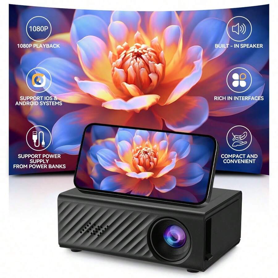 Portable Mini Projector, Full HD Wired Projector (No Bluetooth, No WiFi), Built-In Speaker And Remote Control, Wired Phone/Tablet Connection, EU/UK/US/AU Plug Adapter, Suitable For Home Theater, Office, Dorm, Travel