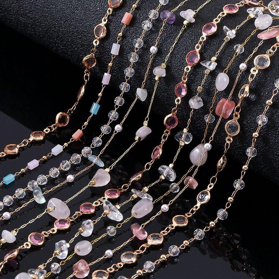 1m Fashionable Multi-Style Colorful Glass Rhinestone Asymmetrical Stone Copper Clasp Bead Chain For Handmade DIY Bracelets, Necklaces And Clothing Accessories - DIY Chain - View 1