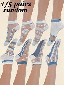 1/5 Pairs Random Transparent Blue & White Floral Low-Cut Socks, Breathable Invisible Socks, Suitable For Spring & Summer - Multicolor - View 1