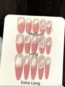 10pcs Handmade Oval Acrylic Press-On Nails, Medium/Extra Long, Pink Cat Eye Gradient French Tip With 3D Flower, Minimalist Luxury Summer Nail Art, Suitable For Party, Daily, Date, Vacation Outfit, DIY Nail Art, Gift For Women And Girls, Nail Supplies - Pink - View 17