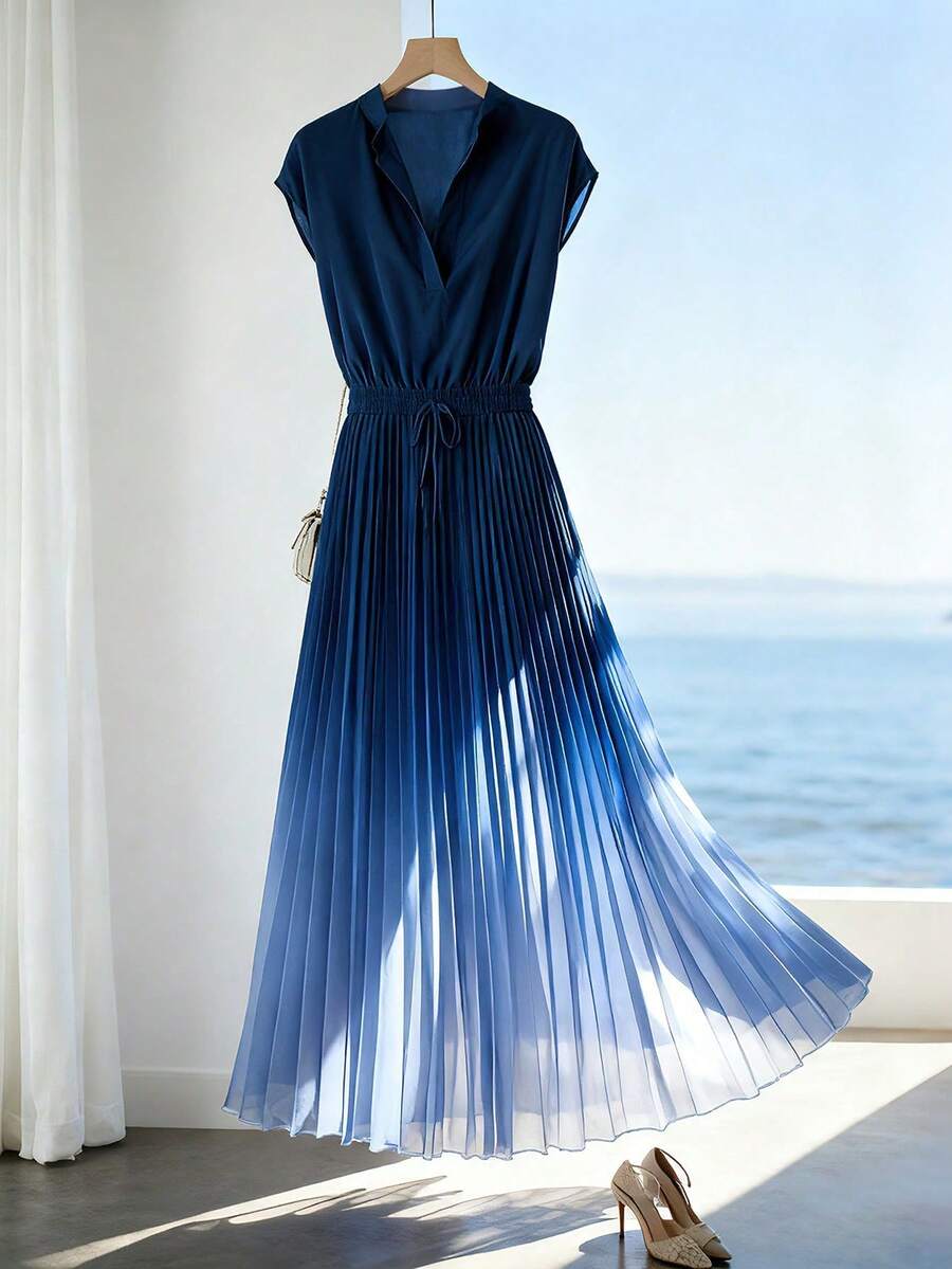 a ceñida, elegante para vacaciones, ir al trabajo, San Valentín, citas, estilo francés retro versátil para fiestas, /verano temprano sin mangas en azul y blanco, nuevo vestido de largo medio - Multicolor - Ver 1