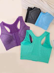 4pcs Women's Sports Bra Front Closure Wire-Free Lingerie Running Shock-Absorbing Push-Up Back-Smoothing Bra - Multicolor - View 4
