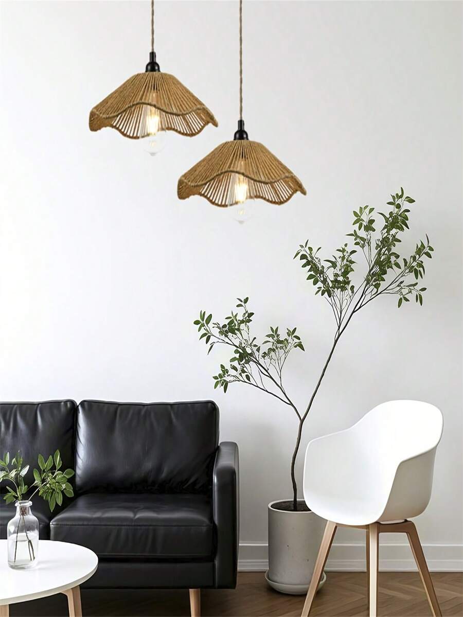 Pantalla de lámpara con volantes delicados, pantalla de lámpara de estilo bohemio tejida a mano | Artesanía de mimbre | Decoración para sala de estar, comedor, dormitorio | Bombilla no incluida | Diseño de empaque minimalista - A - Ver 1