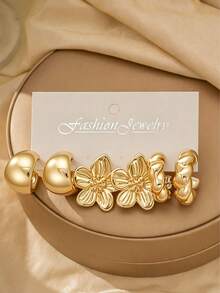 6/18PCS Fashionable Elegant Floral Geometric Multi- Gold Metallic Earring Set, Women's Fashion Earring Set, Daily Wear, (Lightweight CCB Material, Non-Fading) - Gold - View 3