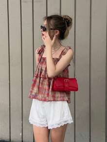 Retro-Style Plaid Camisole Top With Ruffled Trim For Women, Perfect For Summer. New Japanese Style Women's Top. - Red - View 3