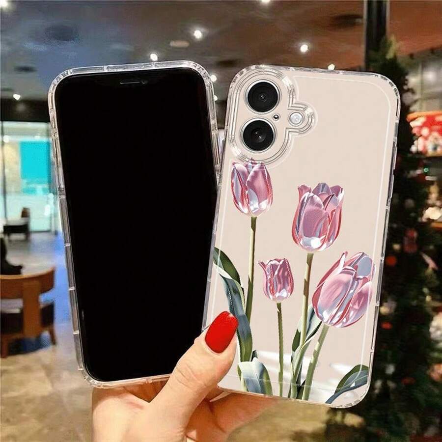 Funda para teléfono: 1 funda con patrón floral de tulipanes rosas, funda con efecto 2D, funda suave transparente para Apple con orificios de precisión de cuerpo completo a prueba de caí - Multicolor - Ver 1