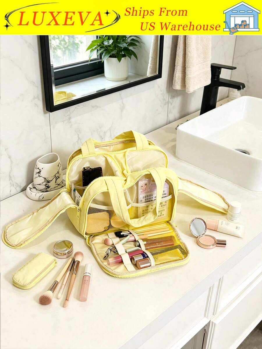 Large Capacity Double Wide Open Solid Color Toiletry Bag,Women's Portable Vacation Beauty Bag,Multi Pocket And Multi Slot Multifunctional Makeup Bag - 黃色 - 查看 1