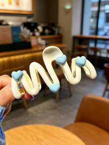 2pcs Cream Blue Heart Wave Hair Clips, Hair Clips, Claw Clips, Cute Hair Accessories - Multicolor - View 4