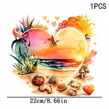 1/2/3件耐用可水洗熱轉印乙烯貼紙，心形輪廓海灘日落沙灘貝殼海星熱帶綠植水彩潑墨心形圖案，熱轉印乙烯印花，熨燙轉印貼紙，熨燙補丁－適用於枕頭、DIY、背包、T恤、帆布袋、衛衣、牛仔褲、T恤、衣物、縫紉用品 - 多色 - 查看 10