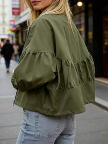 Women's Short Jacket, Full Zip Woven Fabric Long Sleeve Flight Jacket, Suitable For Autumn Wear - Green - View 6