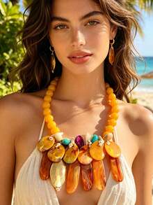 Chunky Amber Statement Bib Necklace, Multicolor Oversized Choker, Summer Tropical Beach Resort Bold Collar Jewelry - Multicolor - View 3