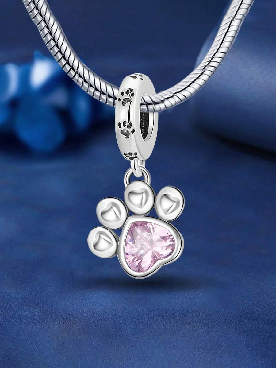 1pc 925 Sterling Silver Pink Paw Print Pendant Bead, Suitable For DIY Bracelet Jewelry For Women