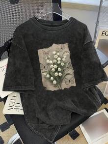 Camiseta retro de estilo universal 100% unisex, divertida camiseta retro con diseño de flor de mayo para cumpleaños, camiseta retro holgada y lavada con diseño de flor de lirio de los valles - Morado - Ver 7