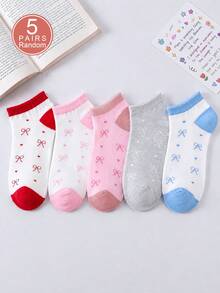 1/5 pares de calcetines de mujer de corte bajo de unicolor con lazo y corazón, suaves, cómodos, transpirables y de estilo escolar, adecuados para uso diario - Multicolor - Ver 7