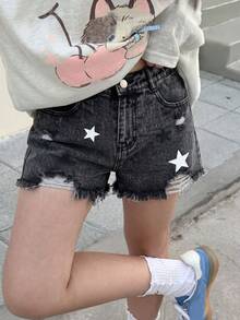 1件装少女时尚休闲星形印花毛边牛仔短裤，春夏款 - 灰色 - 查看 1