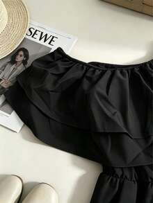 1pc Solid Color Ruffle/Frill Twist Multi-Layered Off-Shoulder Jumpsuit Summer Black - Black - View 8