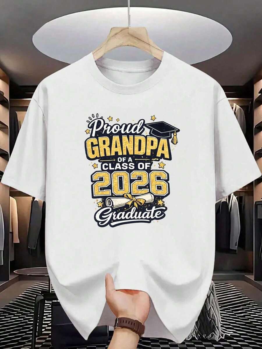 iseta de Algodón para Hombre "Abuelo Orgulloso" Promoción 2026, Estampado de Diploma con Estrella Dorada, Algodón Puro, Impresión Premium, Duradera, Moda Casual, Corte Relajado, Talla Grande - Blanco - Ver 1