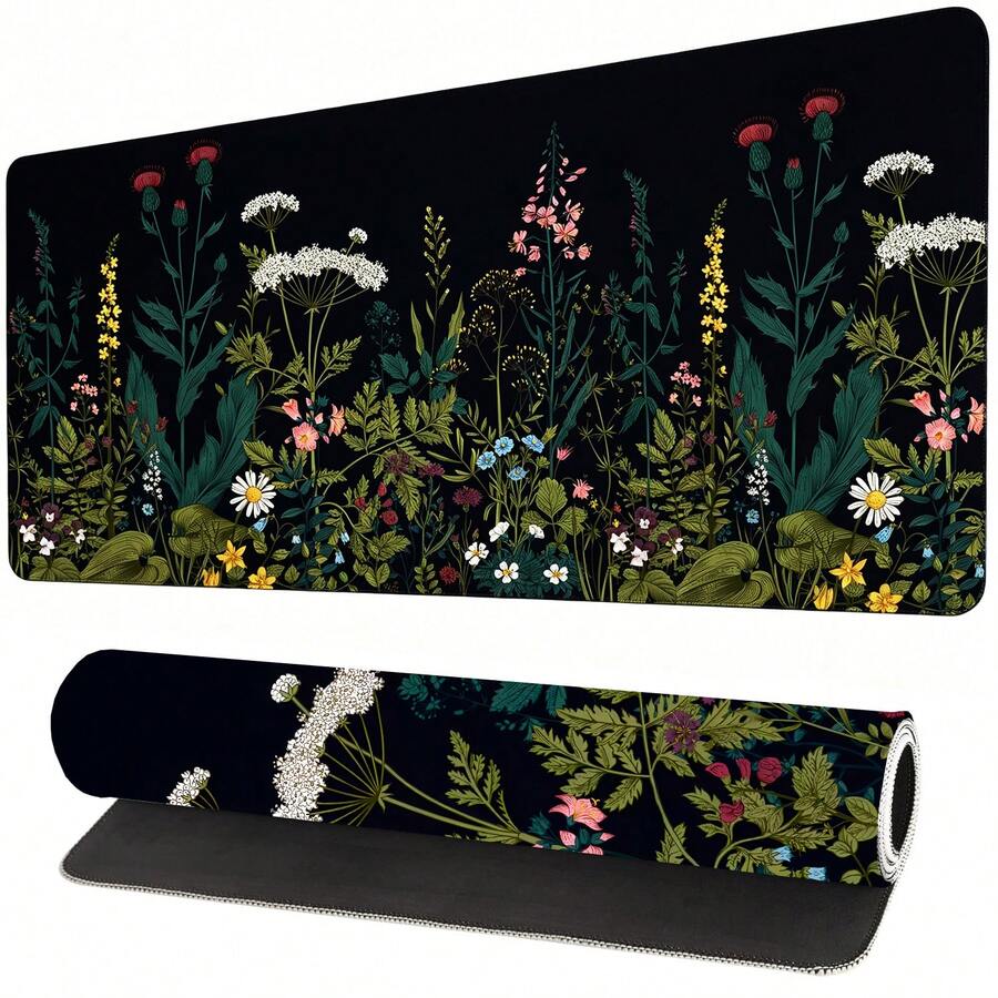 Floral Pattern Extended Gaming Mouse Pad, Abstract Black Desk Mat, Floral Texture Non-Slip Rubber Bottom, Stitched Edge Keyboard Mouse Pad, Suitable For Office, Home And Gaming - View 1