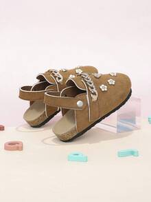 Zapatos tipo mule para niñas color camello con cadena de strass y lazo de strass, hebilla decorativa 3D, adecuados para todas las estaciones, espalda abierta y punta cerrada - Camel - Ver 6