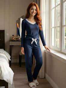 Women's Ribbed Winter Pajamas, Warm And Cool, Long Sleeves, Long Pants, Emilia - Navy Blue - View 2