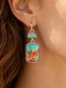1 par de pendientes estilo vintage occidental retro con patrón de vaquero, placa cuadrada incrustada con turquesa falsa y efecto desgastado - Multicolor - Ver 2