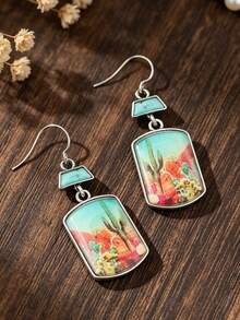 1 par de pendientes estilo vintage occidental retro con patrón de vaquero, placa cuadrada incrustada con turquesa falsa y efecto desgastado - Multicolor - Ver 5