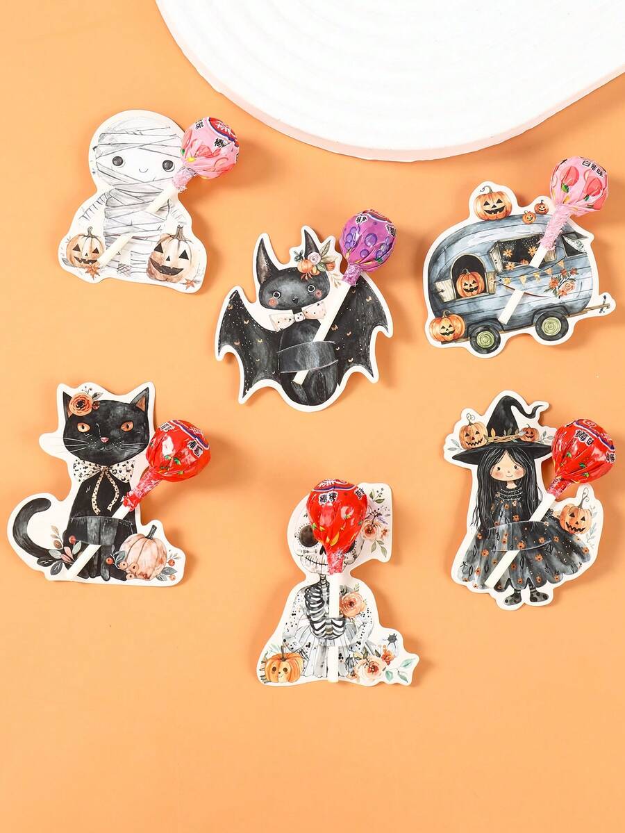 48pcs Halloween Lollipop Decoration Cards, 6 Styles Vintage Floral Black Cat Witch Mummy Skeleton Camper Cutout Candy Cards, Halloween Party Candy Packaging Labels, 2026 Halloween Decor, Halloween Party Supplies, Trick Or Treat, Ghost Party Decoration