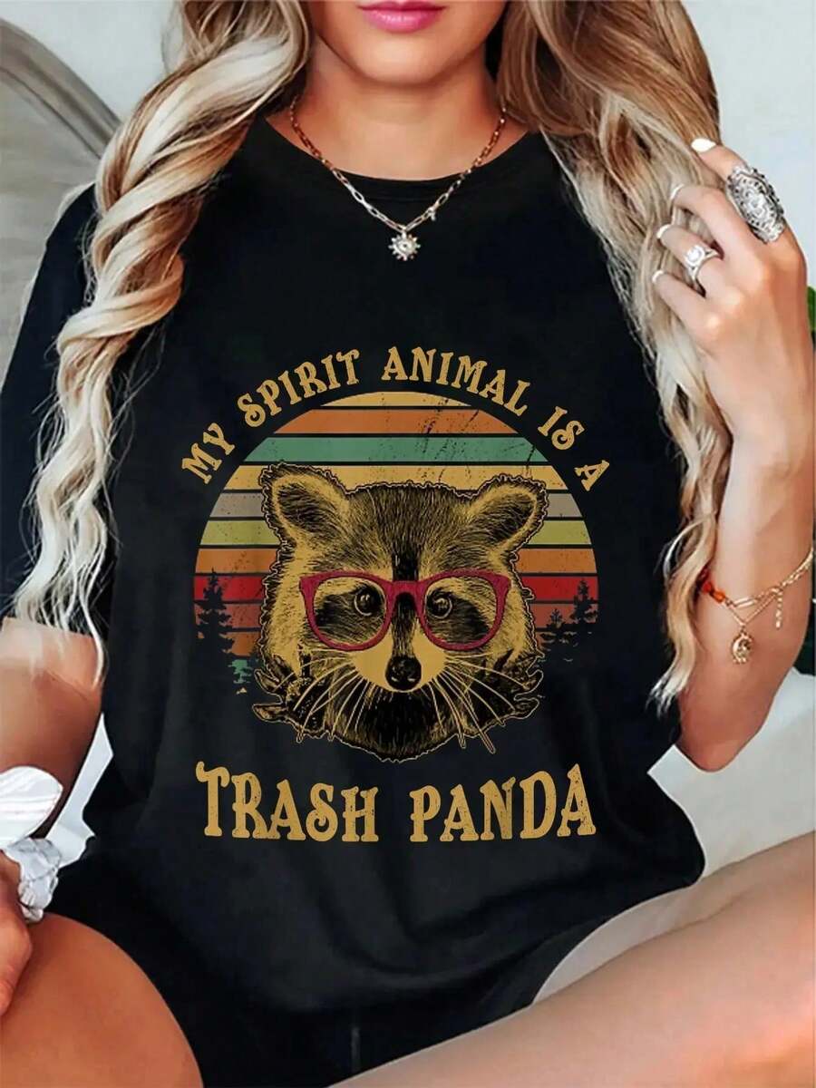 Camiseta 100% Algodón con Estampado Divertido 'Mi Animal Espiritual Es Un Panda Basura' - Cuello Redondo, Manga Corta, Unisex - Negro - Ver 1
