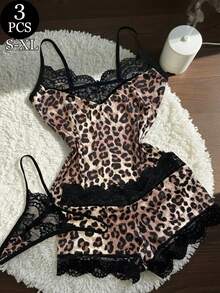 Sexy Leopard Print Patchwork Black Lace Deep V Camisole With Leopard Print Shorts And Thong 3 Pieces Loungewear Sleepwear Set - Black - View 5