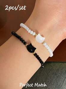 2pcs Fashionable Crystal Multi-Color Cat Head Beaded Bracelet, Matching Couple Gifts, Suitable For Daily Outfits And Parties - Multicolor - View 1