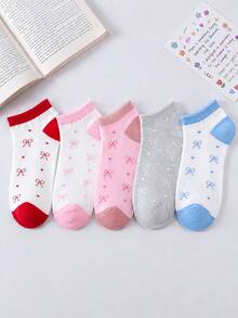 1/5 pares de calcetines de mujer de corte bajo de unicolor con lazo y corazón, suaves, cómodos, transpirables y de estilo escolar, adecuados para uso diario - Multicolor - Ver 6
