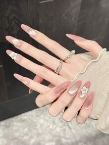 10pcs Handmade Oval Acrylic Press-On Nails, Medium/Extra Long, Pink Cat Eye Gradient French Tip With 3D Flower, Minimalist Luxury Summer Nail Art, Suitable For Party, Daily, Date, Vacation Outfit, DIY Nail Art, Gift For Women And Girls, Nail Supplies - Pink - View 3