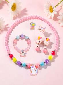 5pcs/Set Kids Cartoon Unicorn Pendant Necklace Bracelet Ring Ear Clips Cute Jewelry Accessories Suitable For Daily Wear Party Gift - one-size - View 4