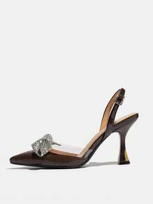 Sandalias de tacón bajo para mujer de verano, sandalias de tacón alto con lazo de strass marrón, sandalias de tacón alto con espalda abierta y tira trasera, zapatos elegantes para mujer adecuados para el uso diario, reuniones, banquetes, fiestas, vestidos de noche, tacones altos marrones - Marrón - Ver 7