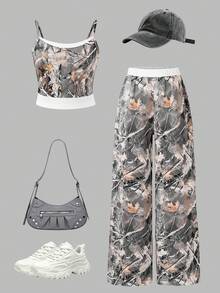 Conjunto informal de 2 piezas para niñas con top de tirantes con estampado de camuflaje y hojas de arce, y pantalones de pierna ancha con cintura elástica, adecuado para salidas diarias y estilo callejero, primavera/otoño - Multicolor - Ver 1