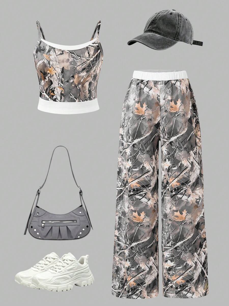 Conjunto informal de 2 piezas para niñas con top de tirantes con estampado de camuflaje y hojas de arce, y pantalones de pierna ancha con cintura elástica, adecuado para salidas diarias y estilo callejero, primavera/otoño - Multicolor - Ver 1
