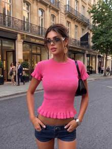 FOR BEAUTY Summer Y2K Women Pink Ribbed Knit Top Crew Neck Cropped Slim Fit Ruffle Hem Casual Streetwear Going Out - Hot Pink - View 2