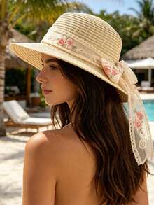 New Flat Top Straw Hat For Women, Embroidered Woven Hat, Summer Sun Protection Hat, UV Protection Sun Hat, Beach Hat - A - View 4