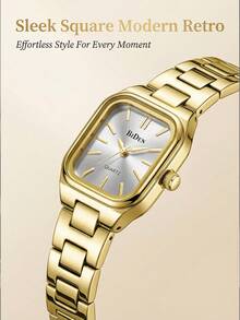 BIDEN Women's Watch, Exquisite And Stylish Square Dial Quartz Watch With Charm, Classic Gold + Box - Gold - View 4