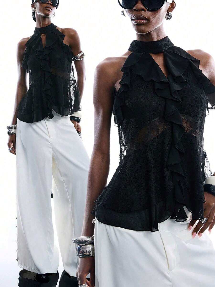 New Chiffon Blouse With Ruffles And A Bow At The Back In Olive Green - Bohemian Style Design For Summer - Black - View 1