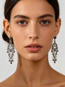 1 Pair Vintage Sweet Elegant Rhinestone Teardrop Tassel Earrings For Women, Holiday Birthday Date Party Banquet Vacation Shopping Daily Commute Accessory - Water Droplets - View 7