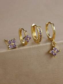 4pcs/Set Minimalist Geometric 18K Gold-Plated Earrings Set, Rhinestone Inlaid, Four-Petal Flower Design, Multi-Color Cubic Zirconia, Suitable For Vacation, Date, Gift And Daily Wear - 4pcs Earrings Set - View 4