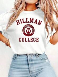 Camiseta de manga corta con cuello redondo y estampado de doble cara estilo vintage de 1881 de la Universidad Hillman para mujer, estilo retro universitario informal. - Blanco - Ver 2