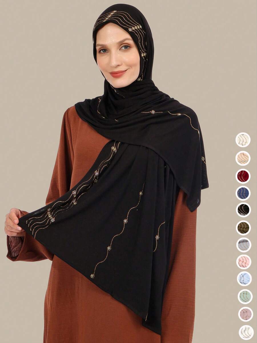 1pc New Style Mercerized Cotton Wavy Rhinestone Scarf For Women, Muslim Headscarf, Soft And Thin Long Scarf, Elegant Headscarf For Daily Outing - Multicolor - View 1