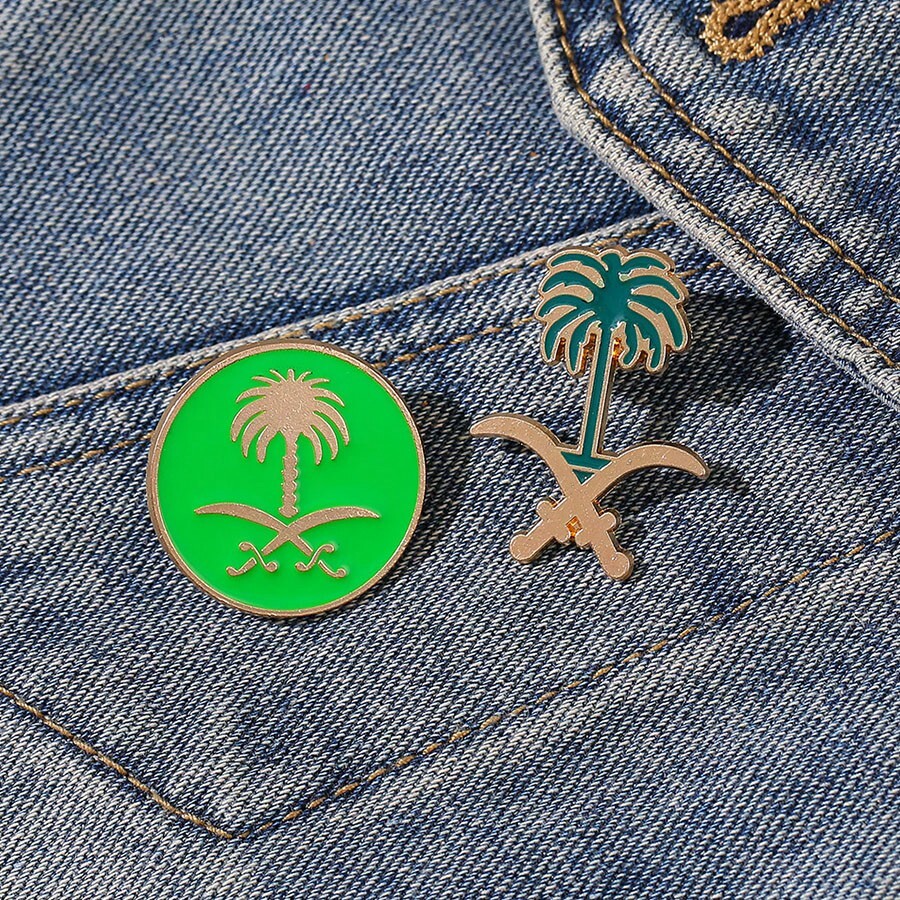 2 buah Lambang Nasional Arab Saudi, Logo Pedang & Pohon Palem, Pin Enamel, Aksesori Pin Pohon Palem, Hadiah Pesta Liburan, Dekorasi Hari Nasional Saudi (1 buah Bros + 1 buah Tas Hadiah) - Hijau - View 1