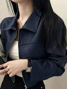 Jaket Wanita Musim Semi/Gugur, Kerah Berlipat, Bahan Suede Imitasi Warna Polos, Penutup Resleting, Cocok untuk Sehari-hari, Kuliah, dan Bandara - Royal Blue - View 3