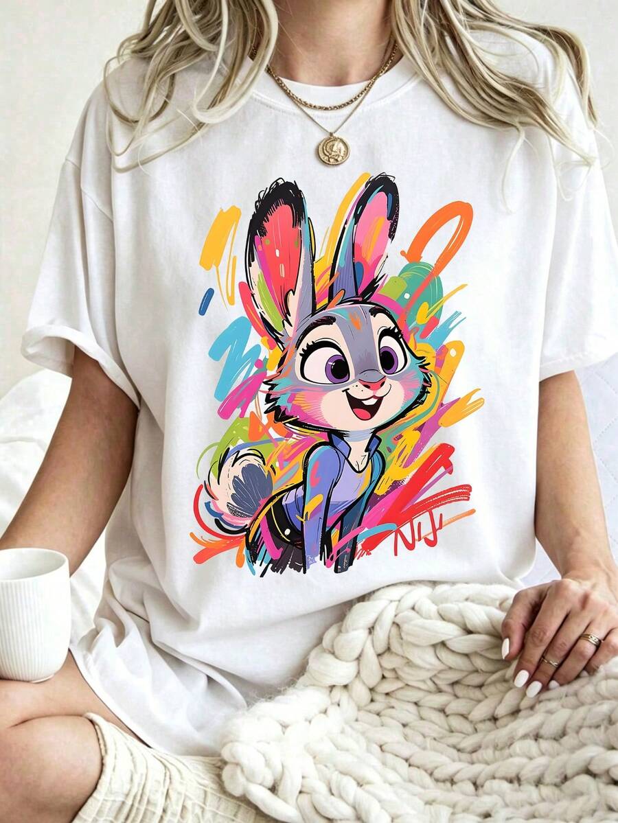 Disney Licensed Women Pure Cotton Summer T-Shirt, Graffiti Watercolor Judy Hopps Bright Paint Splash Sketch Cartoon Graphic Tee - White - View 1