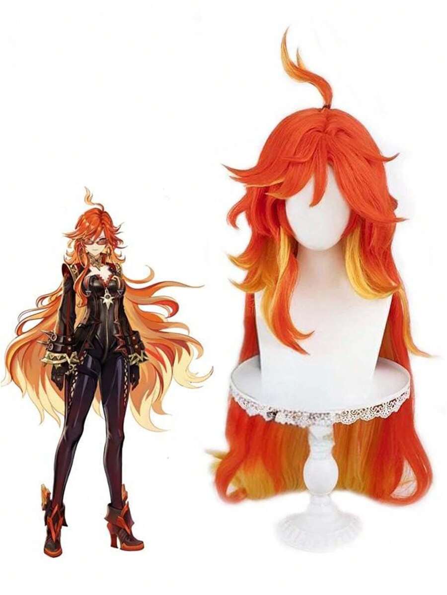 合成纖維全頭套假髮 動漫 Cosplay 假髮 36 英吋 90cm 橘黃色帶黃色挑染 耐熱纖維 適合聖誕節、萬聖節、節慶、動漫角色扮演