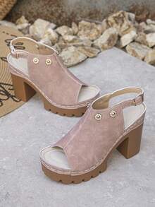 Women's Summer New High Heel Sandals, Plus Size, Rhinestone Flower Decor, Chunky Heel, Backless, Contrast Stitching, Rhinestone Flower & Rivet Embellishments, Adjustable Metal Buckle Back Strap, Vintage American Style, Pink Suede, Thick Platform, Height-Increasing, Slimming, Open Toe, Elegant Women's High Heel Sandals - Pink Frosted - View 7